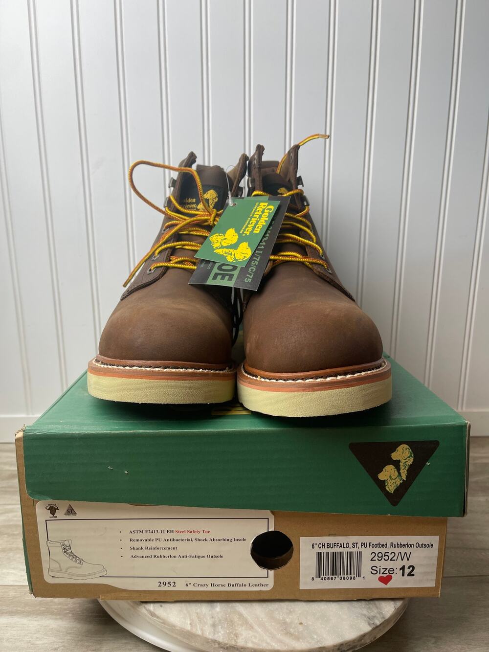 Boots Work Steel Toe M SZ 12W Golden Retriever 2952 Buffalo Leather Brown New